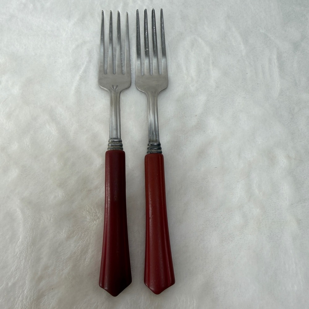 Vintage Red Bakelite Handle Dinner Forks Stainless Steel Set of 2 MCM Retro